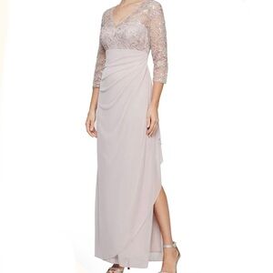 Alex Evenings Long V Neck Empire Waist Cascade Ruffle Faded Rose Size 4